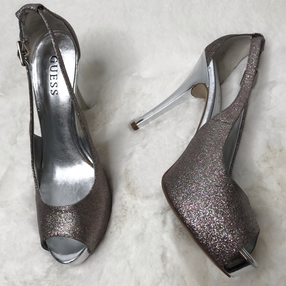 Guess 9 silver glitter platform heel 
Open toe holiday sparkle